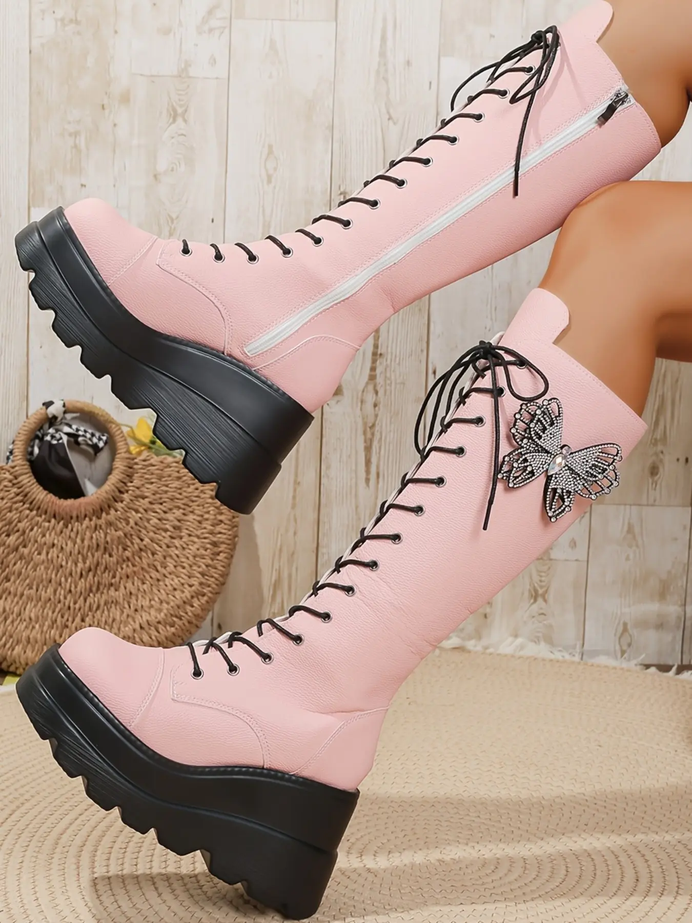 Thick Sole Buckle Long Boots, Butterfly Decoration Punk Style Sweet Cool Women's Shoes, Large Size Slimming Height Boost Knight Boots