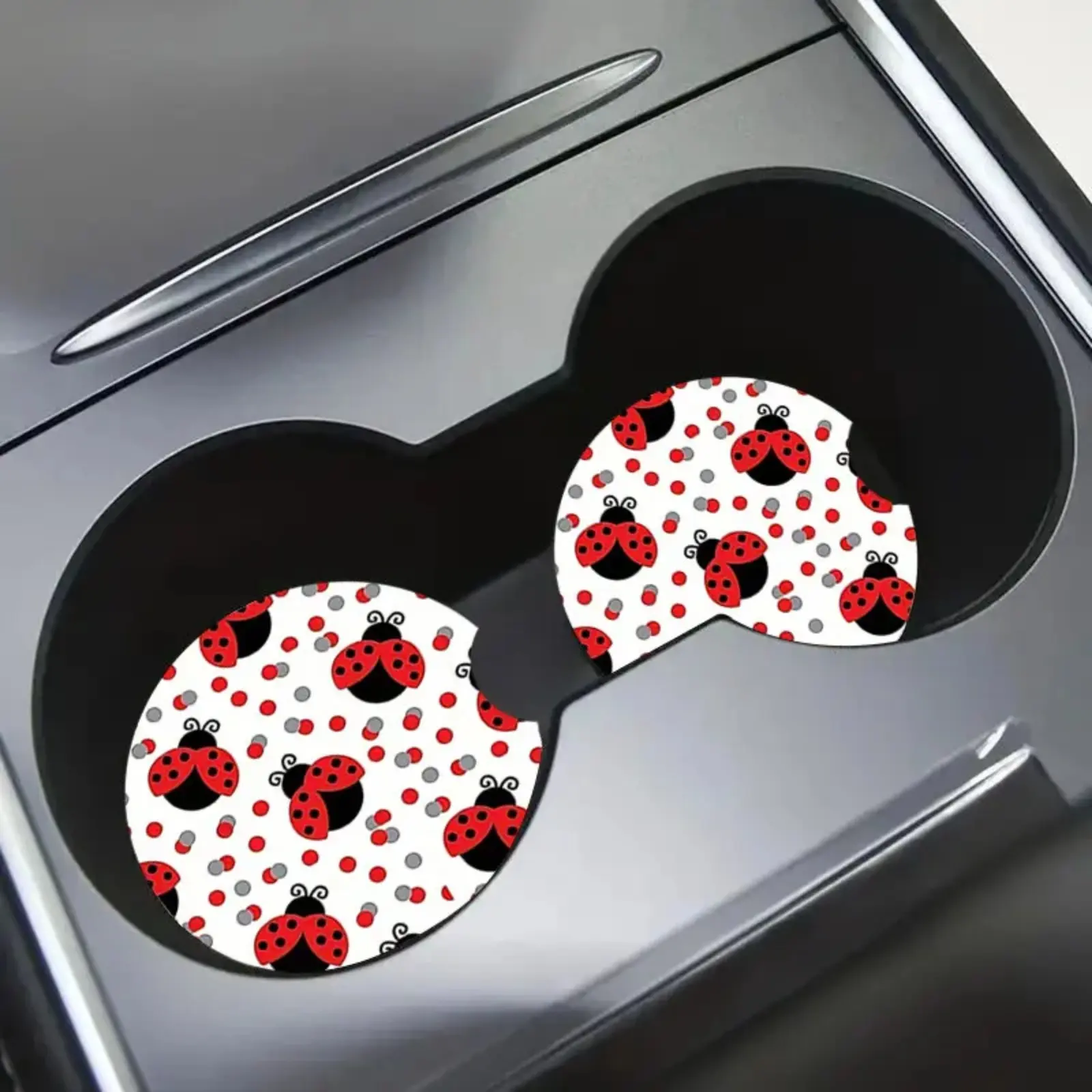 Coaster Set for Car Cup Holders, 2 Pack Cute Ladybug Patterned Cars Accessories for Women, Anti-Slip Interior Decor, Gifts For Her, Ladybug Print, Cute Polka Dot Pattern, Car Interior Decoration, Cotton,back to school,back to school haul