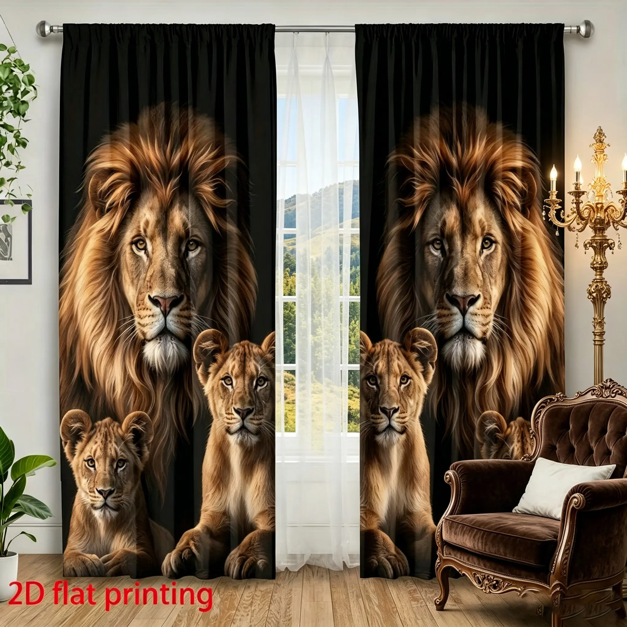 Wildlife Lion Family 2D Printed Semi-sheer Polyester Curtains, Window Drapes, Home Decorative Curtain, Light Luxury Home Décor for Living Room and Bedroom