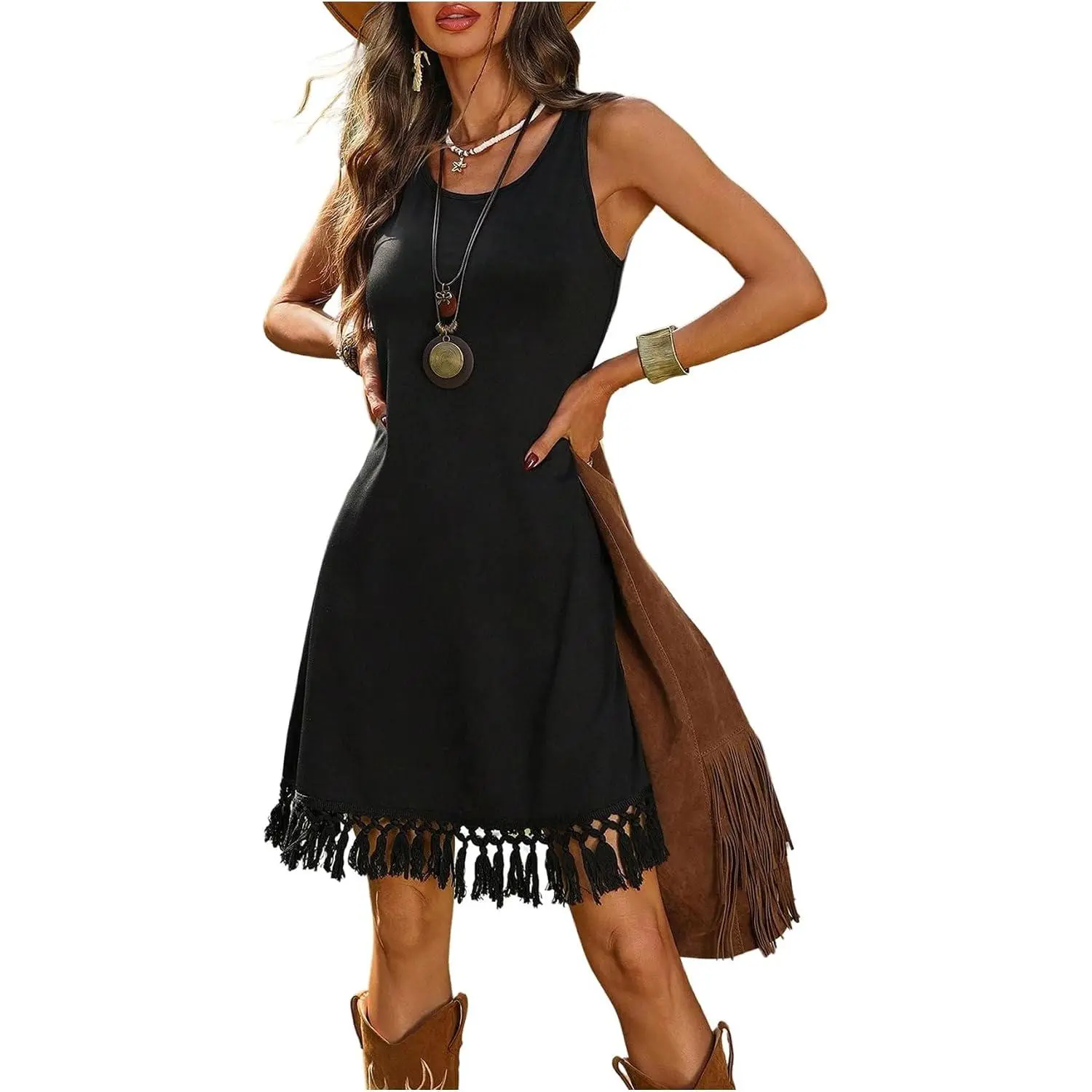 Verdusa Women's Comfy Western Fringe Corset Dress - Sleeveless Cowgirl Fabric Dress for Summer Rodeo, Festival Casual Wear, Hippie