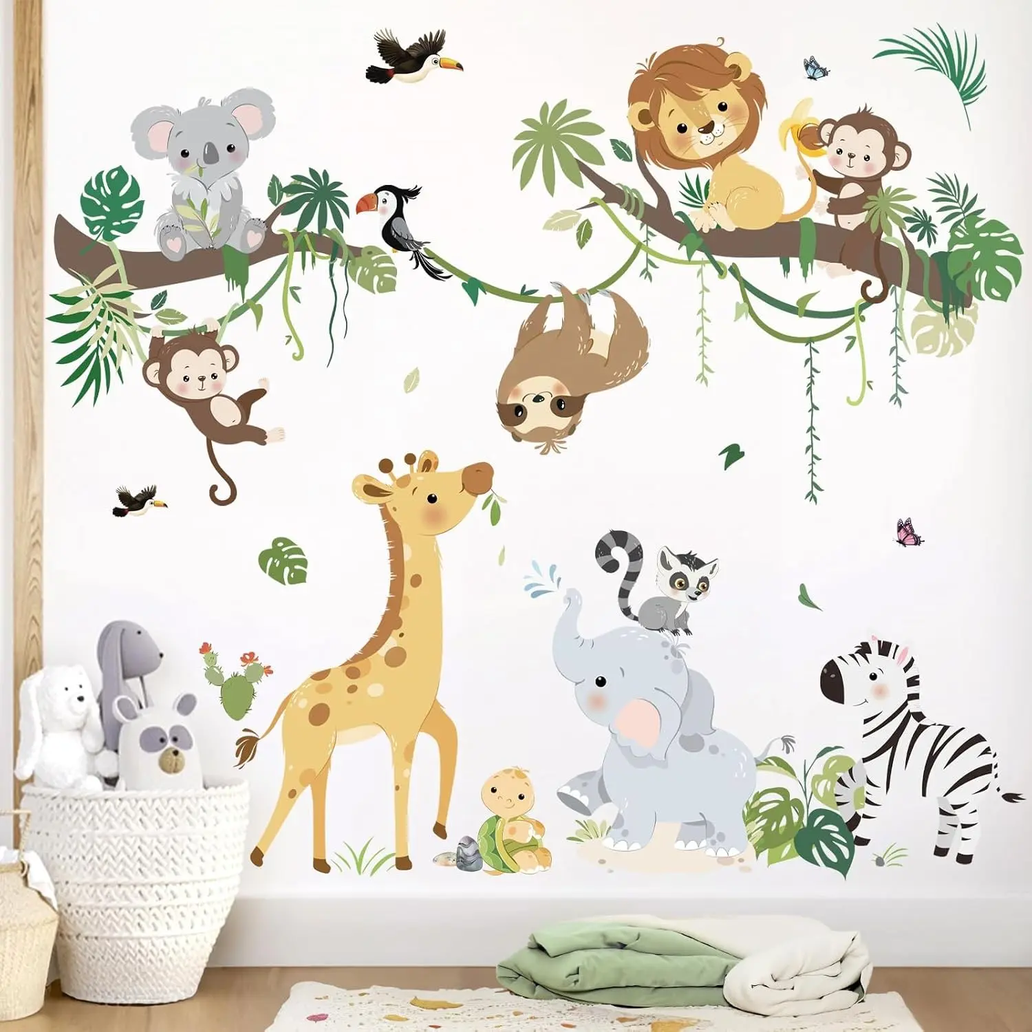 Jungle Animals Tree Branch Wall Decals Safari Monkey Giraffe Lion Wall Stickers Baby Nursery Kids Room Daycare Wall Decor