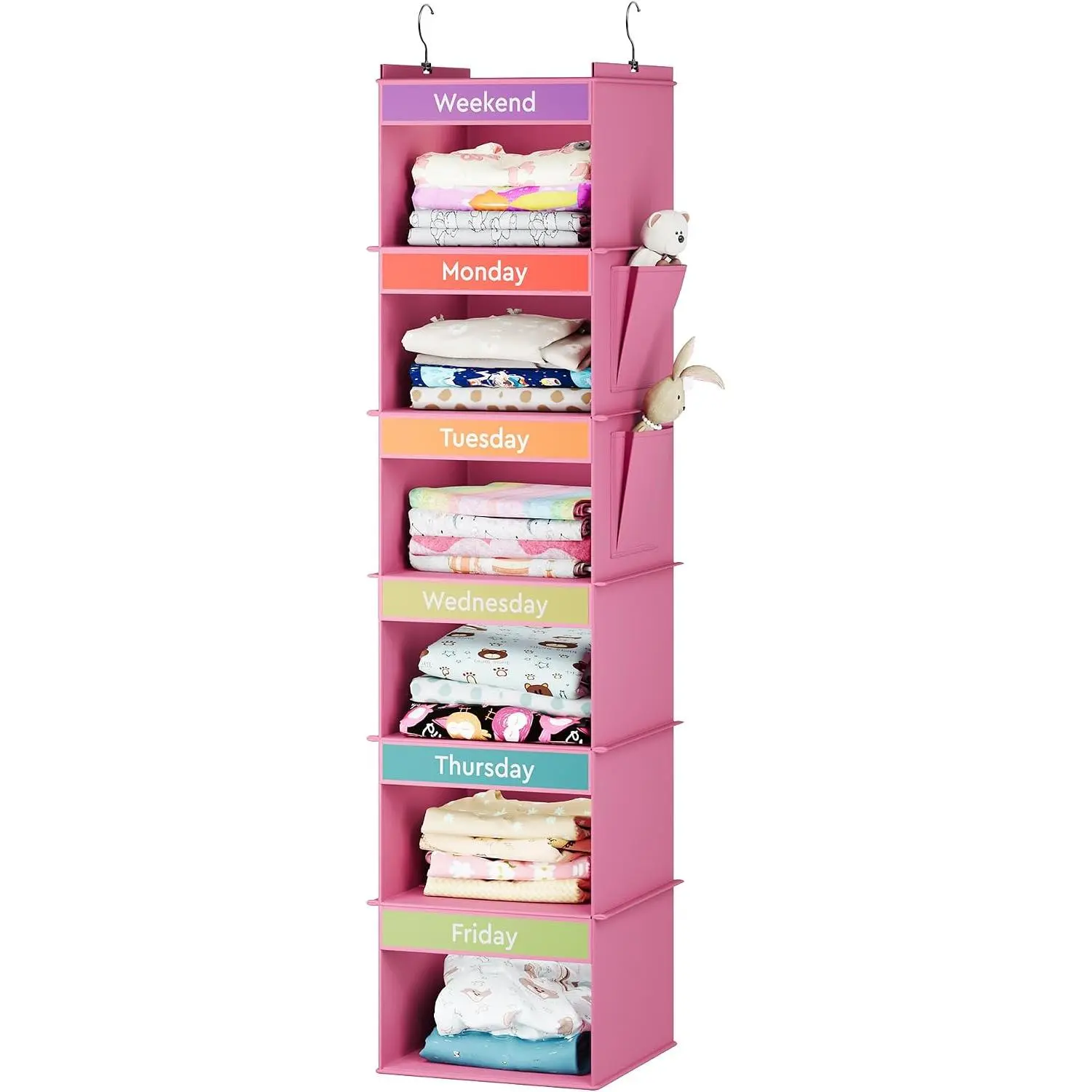 Colorful Bamboo 6-Shelf Weekly Hanging Closet Rack with Insert Hooks & 2 Side Pockets, Pink Kids’ Clothes Organizer