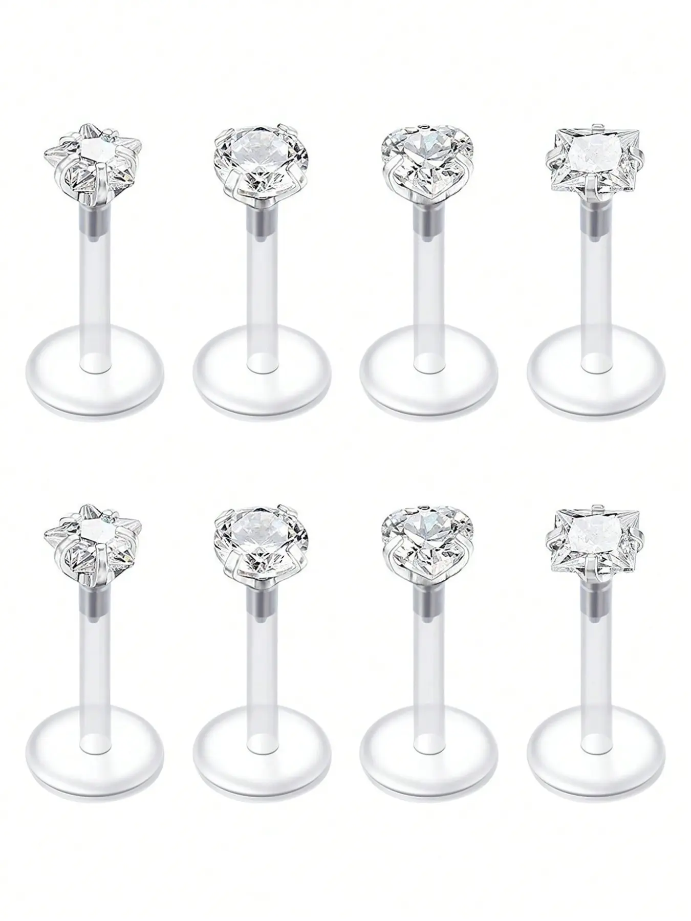 8pcs Classic Clear UV Plastic Barbell Set, 16g Lip Rings & Cartilage Earrings, Various Shapes, Transparent Studs, Daily Wear, 6mm-10mm, Body Piercings Set