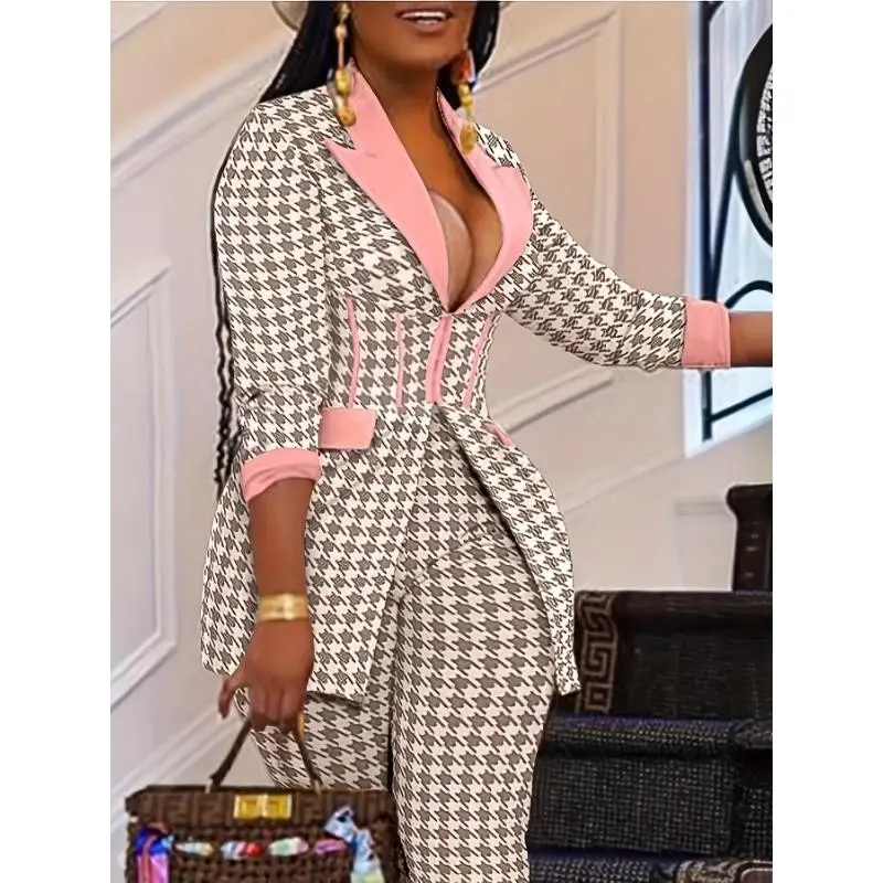 Houndstooth Print Two-Piece Set - Zippered Long Sleeve Blazer & High-Waist Slim Leggings Suit Outfit - Fashionable Women's Clothing for Sleek Elegant Casual Look