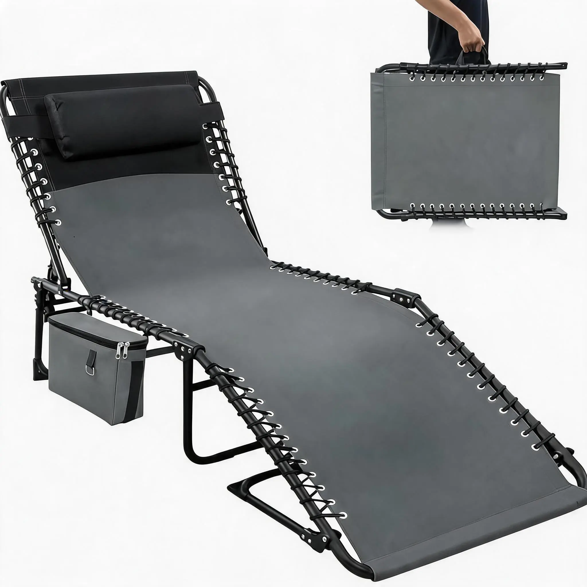 Folding Chaise Lounge Chair 5 Position Adjustable Recliner with Pillow and Side Pocket Portable Sun Tanning Bed for Beach Pool Garden No Assembly