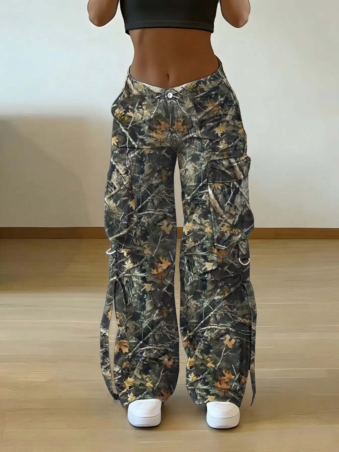 Vintage Street Style Cargo Pants, Baggy Loose-Fit Printed Long Pants Bottoms with Pockets, Casual Spring & Fall Fashion, Zipper Fly Design, Clothes