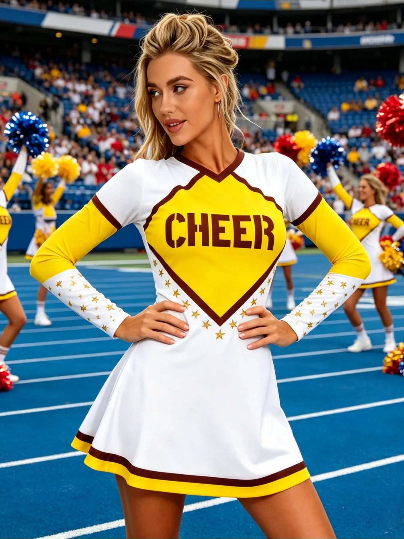 European American Cheerleader Dress Uniform Adult Female Sport Cheer Outfit Stylish Chic Elegant Cheerleading Costume for Sports Meeting Stage Performance Themed Party