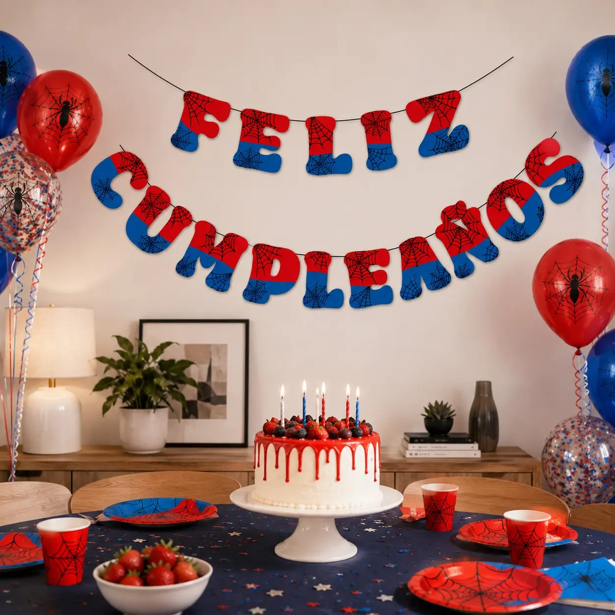 1Pc Red & Blue Spiderweb “Feliz Cumpleaños” Bunting – Spanish Language Birthday Banner for Boys’ Spider Themed Party, Wall Hanging Backdrop Decor, Party Decorations