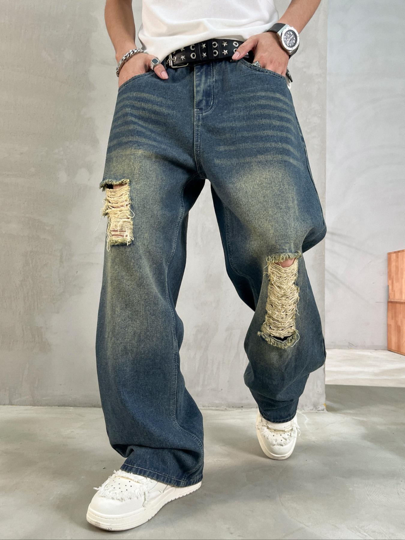 Men's Vintage Wash Distressed Straight Leg Light Wash Jeans, Loose Casual Comfy Denim Jeans for Daily Wear, Wide Leg Jeans for Men, Men's Denim Jeans for All Seasons