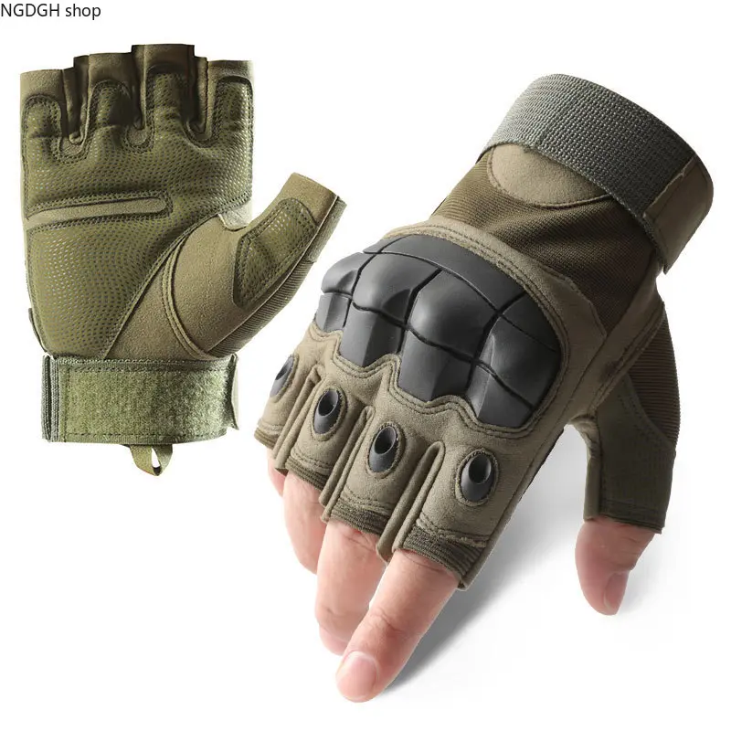 Half Finger Tactical Gloves Hard Knuckle Protection - Trendy Olive Green Black Fingerless Work Gloves with Shock Absorbent Palm & Breathable Mesh, Durable Anti-Slip Adjustable Design Perfect for Outdoor Hiking Driving & Summer Adventure Activities