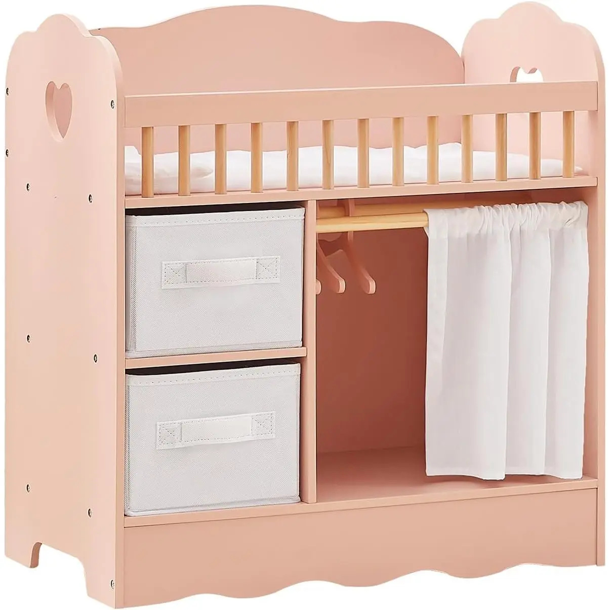 Baby Doll Crib, Wooden Baby Doll Bed and Changing Table, Dollhouse Furniture with Two Storage Box, Bedding and Coat Hangers, Nursery Playset Suitable for Dolls Under 22 Inches, Pink