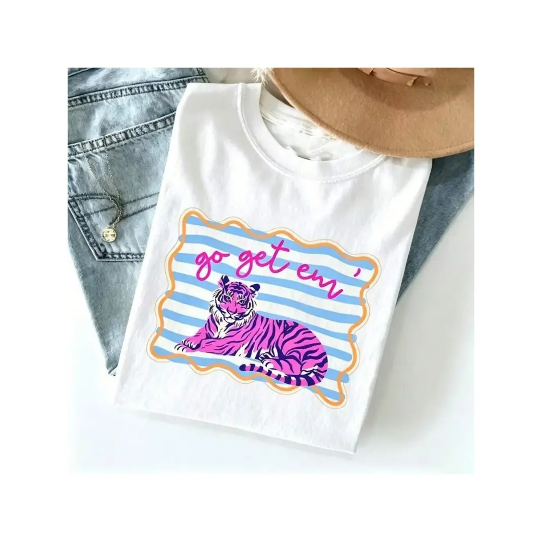 Cotton Short Sleeve T Shirt Cute Pink Tiger Print Casual Top Go Get Em Inspirational Shirt For Women Summer Daily Wear Vacation Outfit Soft Comfortable Graphic Tee Aesthetic Trendy Clothes