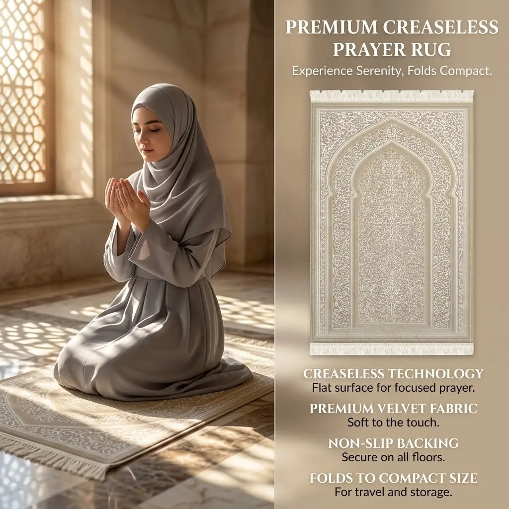 Islamic Prayer Rug, Namaz Salah Mat, -Cream Floral Design, Anti Crease, Non-Slip, Foldable, Ideal for Home & Travel