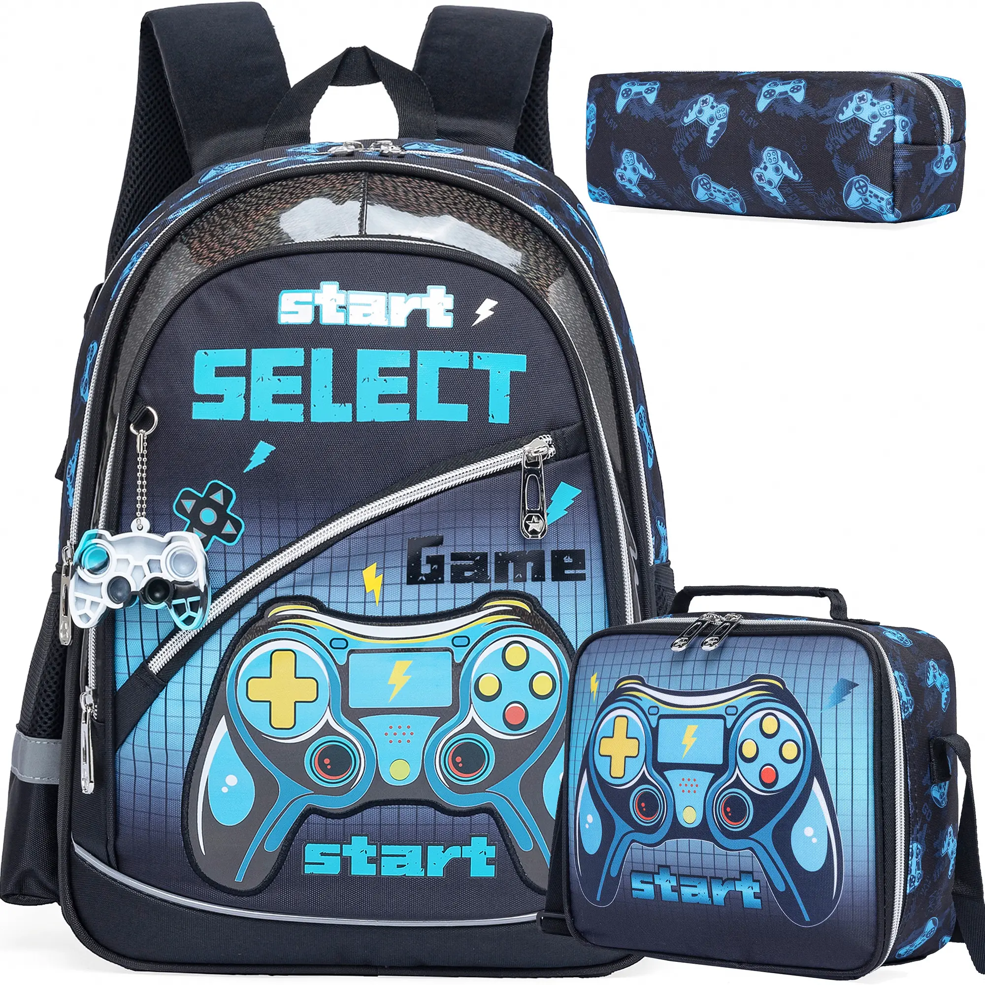 Boys Gamer Backpack 3pcs Set | Start Select Video Game Controller School Bag with Lunch Box & Pencil Case | Cool Blue Tech Esports Kids Bookbag 2026 bluey   Backpack