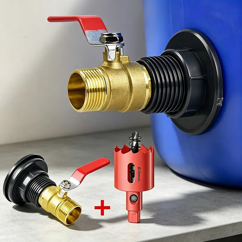3-Piece Durable Rain Barrel Connector Kit - Includes Hole Saw, Large PVC Bulkhead Adapter, Rain Barrel Overflow Kit, Brass Ball Valve, and Aquarium Fittings - Compatible with 1/2" (DN15) Male-Threaded Connections - Ideal for Rain Barrels, Aquariums, Water