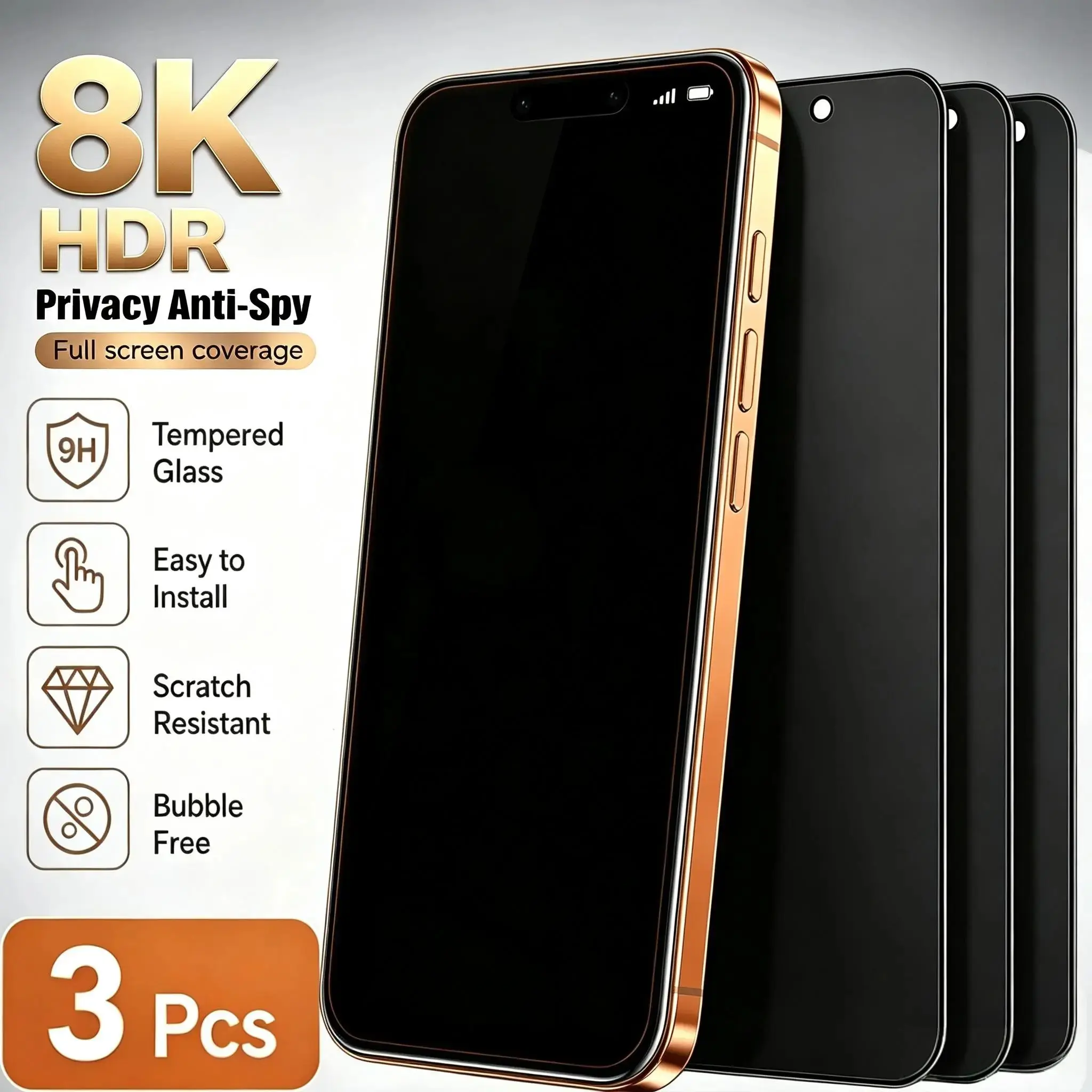 3pcs HDR Privacy Tempered Glass Screen Protector Compatible with for iPhone 17 Pro Max 17 Pro 16 Pro Max 17E 16 15 14 13 12 11 Plus Mini X/XS XS Max XR for iphone 7 8 9H+ Hardness, Easy Installation, 28° Privacy Tempered Glass, Bubble Free