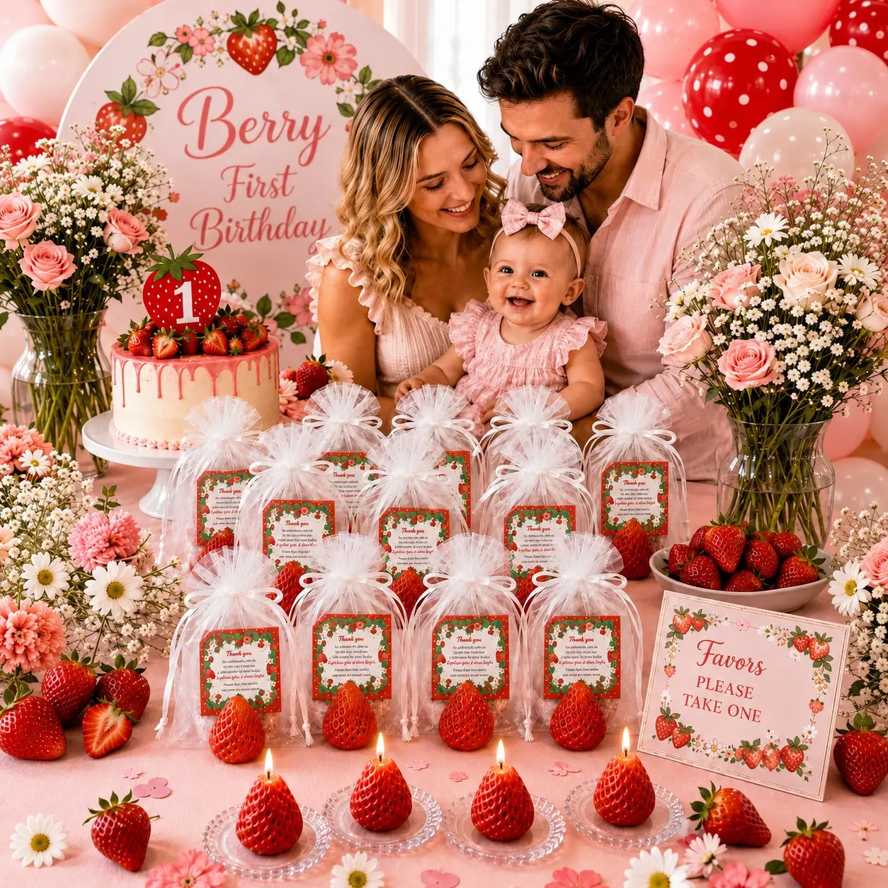 10/20 Sets Strawberry Candle Baby Shower Favors for Guests, Berry Sweet First Birthday Party Gifts with White Organza Bags and Thank You Cards, Strawberry Theme 1st Birthday Supplies, Baptism and Christening Favors, Baby Girl Keepsakes Party Pack