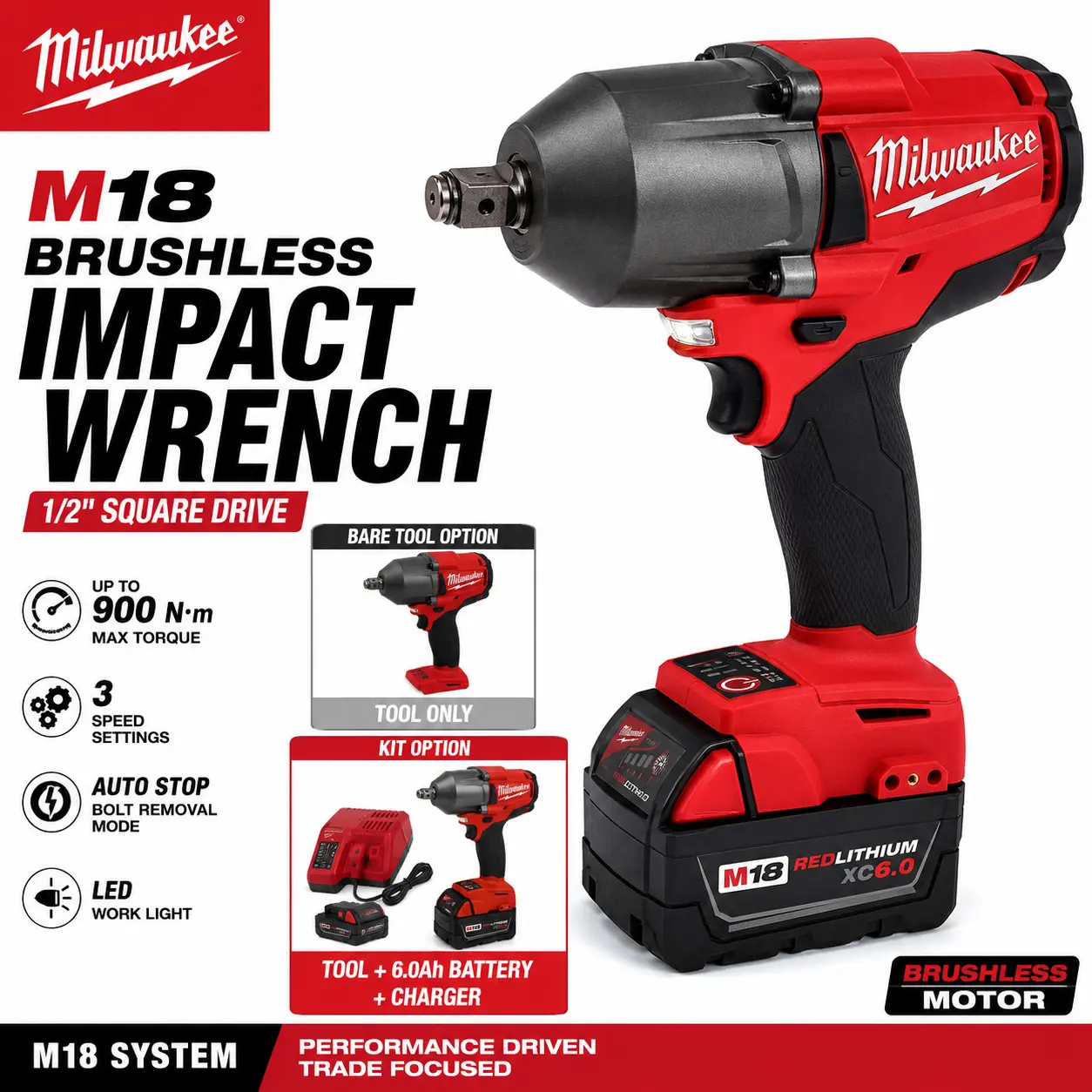 Milwaukee M18 Brushless Cordless Impact Wrench - 1/2 in Square Drive, 900 Nm Max Torque, 3 Speed Settings, Auto Stop Bolt Removal Mode, Built-in LED Work Light, for Car Tire Repair