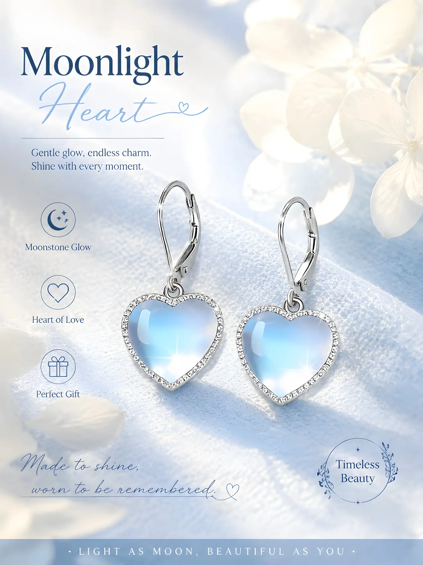 Women's S925 Silver Heart Moonstone Pendant Earrings, Fashion Simple Nickel-Free Hypoallergenic Daily Wear Jewelry, Perfect Birthday Gift