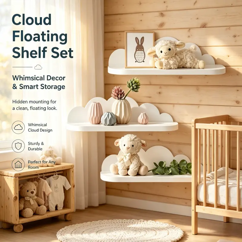 3 pack cloud shaped floating wall ledges invisible mount white cloud display shelves Decorating cute nursery storage rack for stuffed animals baby photos small succulent decor Decoration