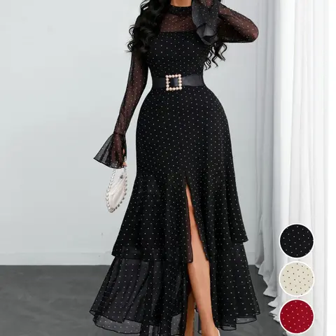 Women's Romantic Polka Dot Split Mesh Patchwork Layered Elegant Chic Formal Flared Skirt Dress, Formal Elegant Fashion, Long Sleeve, Fitted Style, All Seasons, No Waistband Included