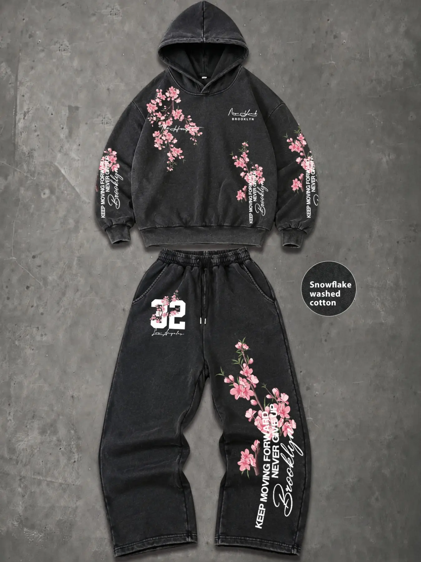 Aesthetic Pink Floral Brooklyn Printed Hoodie and Sweatpants 2 Piece Set Y2K Vintage Cotton Unisex Tracksuit
