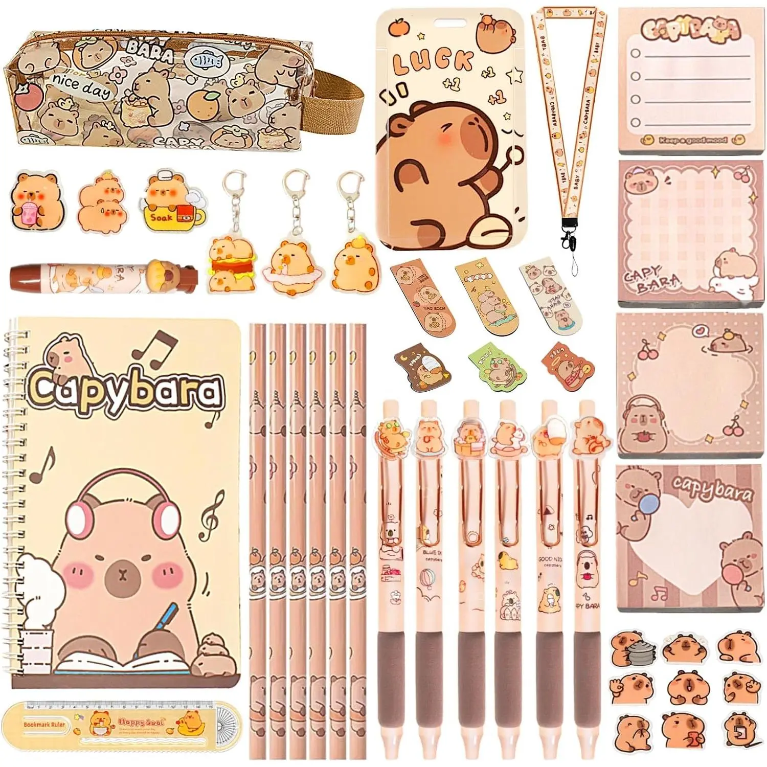 Cute Capybara Stationery Set, Kawaii School Supplies  for Students | Includes Capybara Gel Pens, Pencil, Eraser, A5 Notebook, Stickers, ID Badge Holder and Ruler for School and Office.