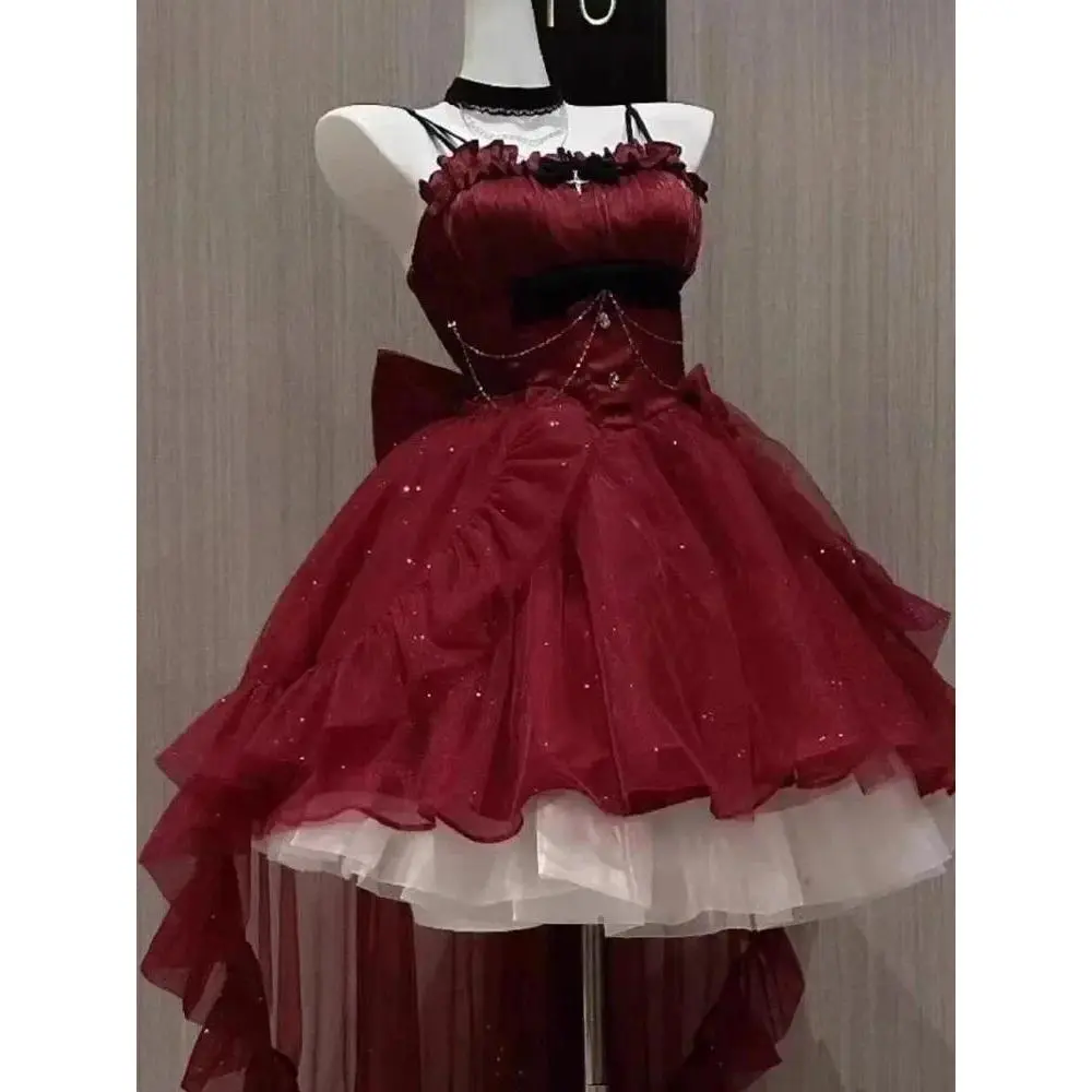 Gothic Red Lolita JSK Dress Women Spaghetti Strap Ruffle Tulle Skirt Chain Bow Decor High Low Hem Vintage Princess Party Dress