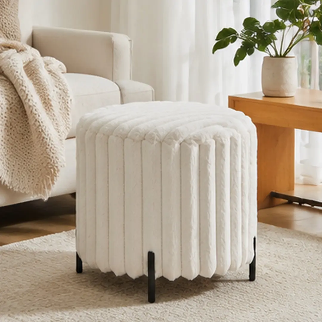 ARCH Round Upholstered Pouf Ottoman Foot Rest Stool with Black Metal Legs, Faux Fur Footstool for Living Room Bedroom Entryway, Beige, 22.05 Inch Wide, Soft Comfortable Foot Rest for Couch Chair, Easy Assembly, Lightweight Portable