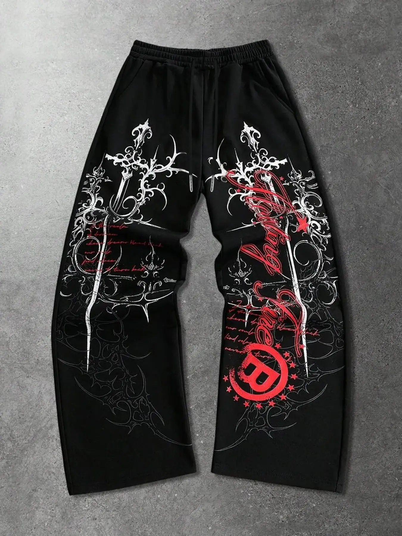 Men's Trendy Long Pants, Casual Pants, Baggy Loose Fit, Retro Gothic Cross Sword Graphic Wide Leg Drawstring Trousers with Script Lettering, Street Style Men's Loose Sweatpants, Streetwear, Y2K Grunge Aesthetic, Casual Wear Bottoms