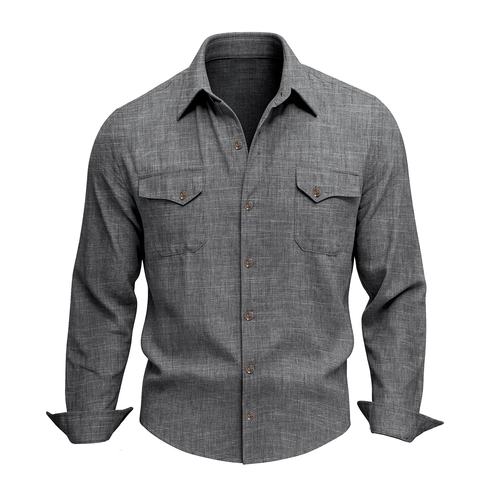 Men's Solid Color Cotton Linen Collared Button Down Long Sleeve Shirt Dual Pocket Casual Plus Size Available Breathable Soft Men's Clothing Daily Wear Lightweight Versatile Top With Chest Storage Pockets