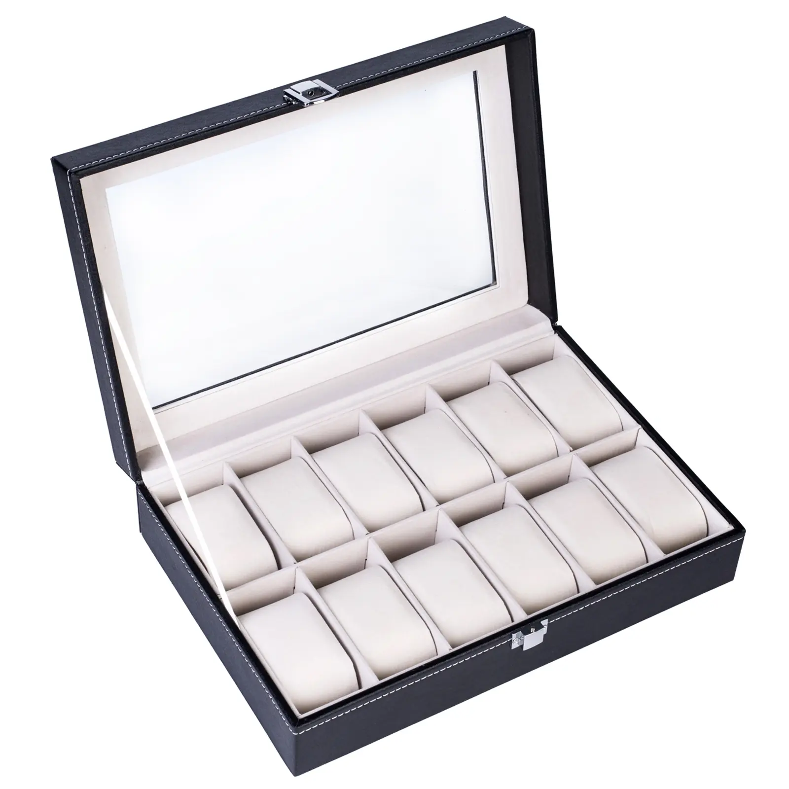 12 Slot Leather Watch Box with Glass Top - Black Watch Organizer Display Case