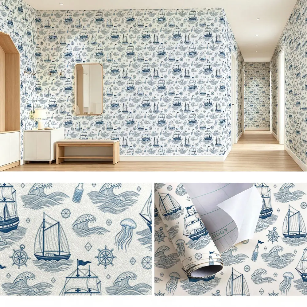 Dark Blue Hand-Drawn Ocean Nautical Pattern Wallpaper, PVC Adhesive Back, Easy Peel & Stick, Ideal for Kitchen/living Room/bedroom Decor