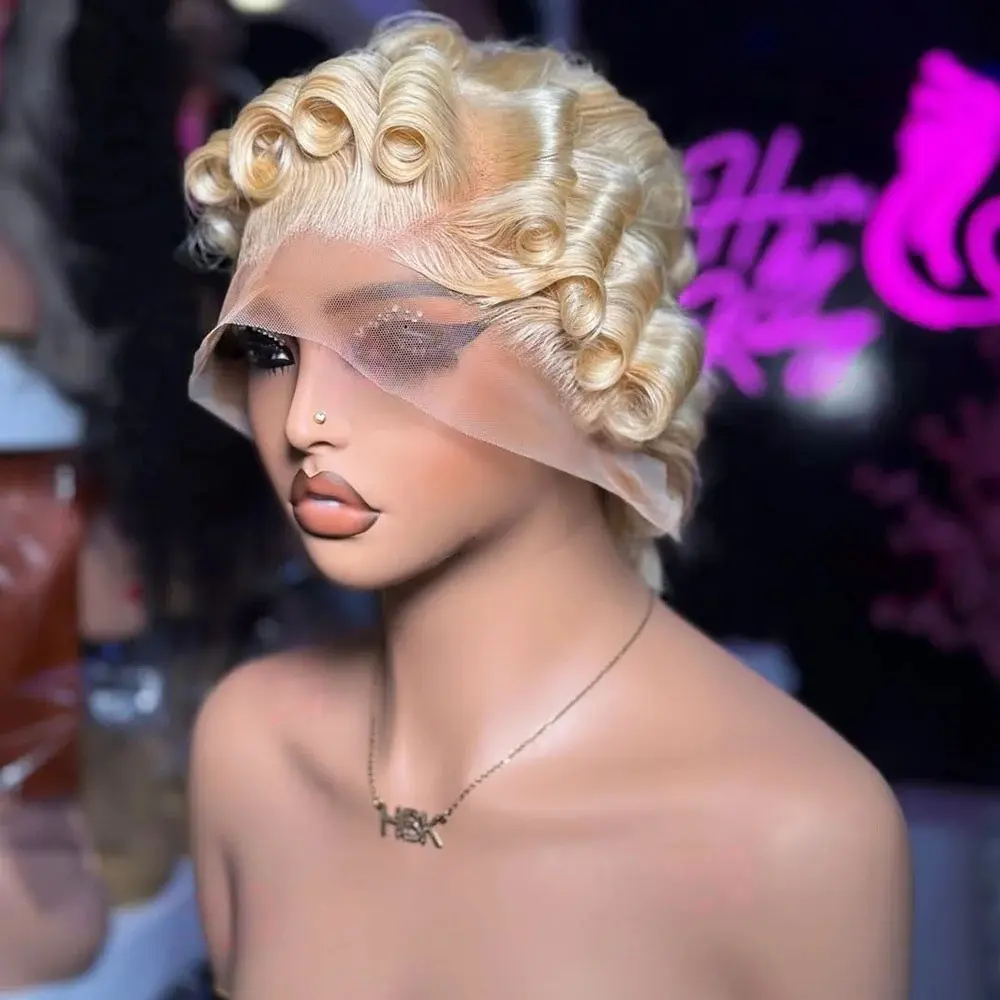 Unisex Real Human Hair Lace Front Wig, 613 Blonde 13x4 Lace Front Wig, Short Bob Loose Wave Pixie Cut