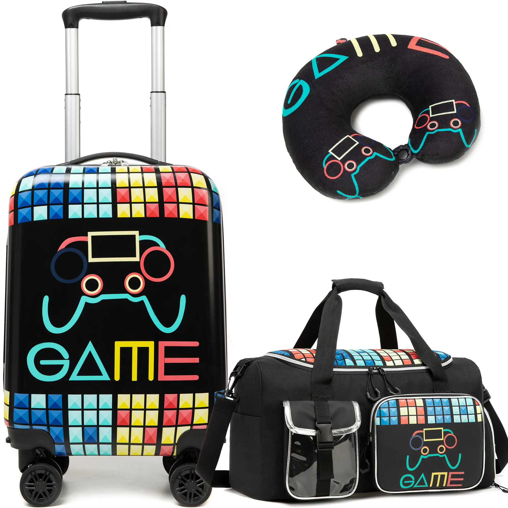 Boys Cool Black Cyber Gamer Hardshell Luggage 3 Pcs Set | Neon Pixel Video Game Rolling Carryon Suitcase with Matching Weekender Travel Bag & Neck Pillow | Kids Travel Combo 2026