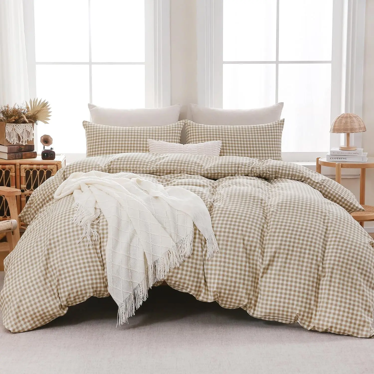 Brown Gingham Duvet Cover Bedding Set Prewashed Extra Soft,  | Comfy Breathable for  . Fall   Decor Lightweight. Hiddedn Zipper & 8 Ties. 3 count No Insert