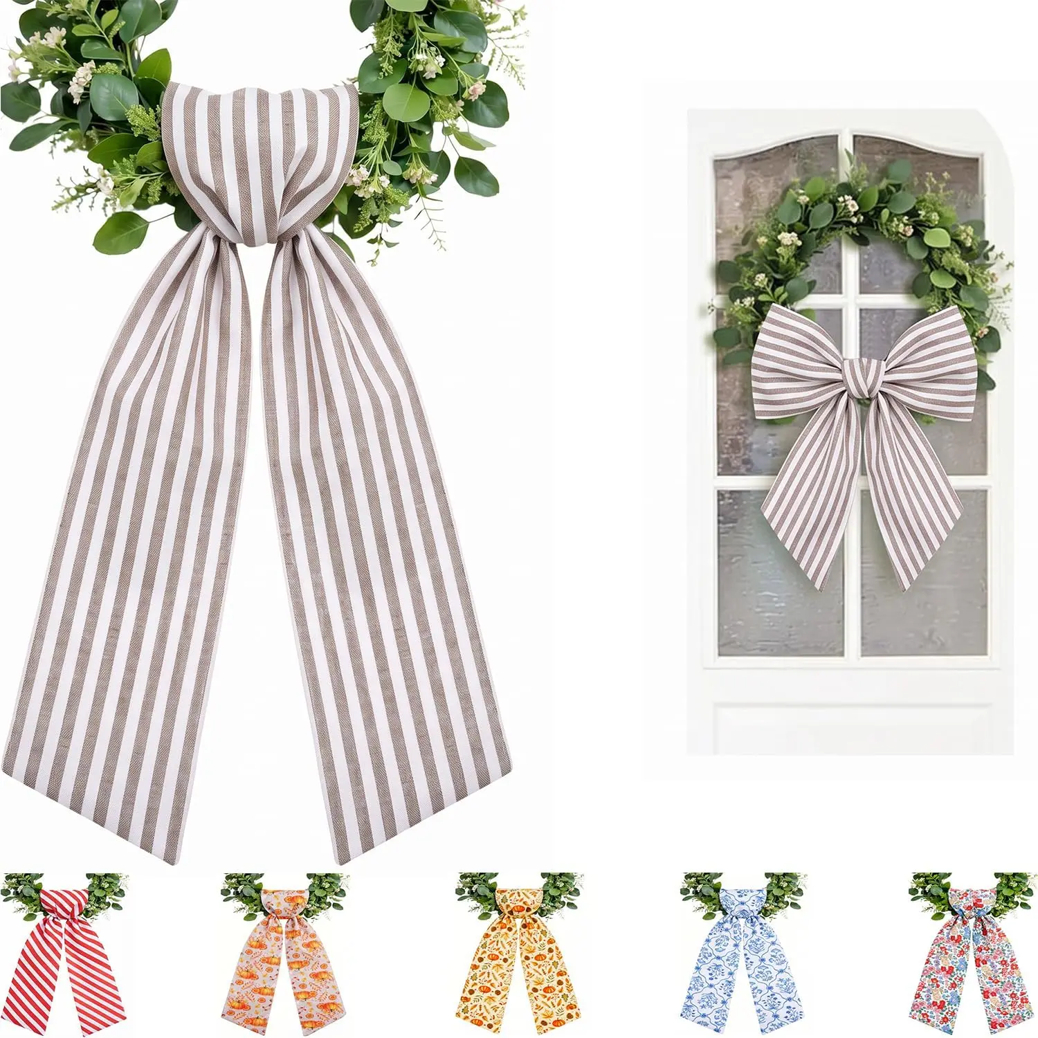 Wreath Sash for Front Door, Decorative Neutral Ticking Stripe Wrinkle Resistant Fabric 56" Long Wreath Sash Accessories,  Minimalist   Porch Decor, 1-Pack