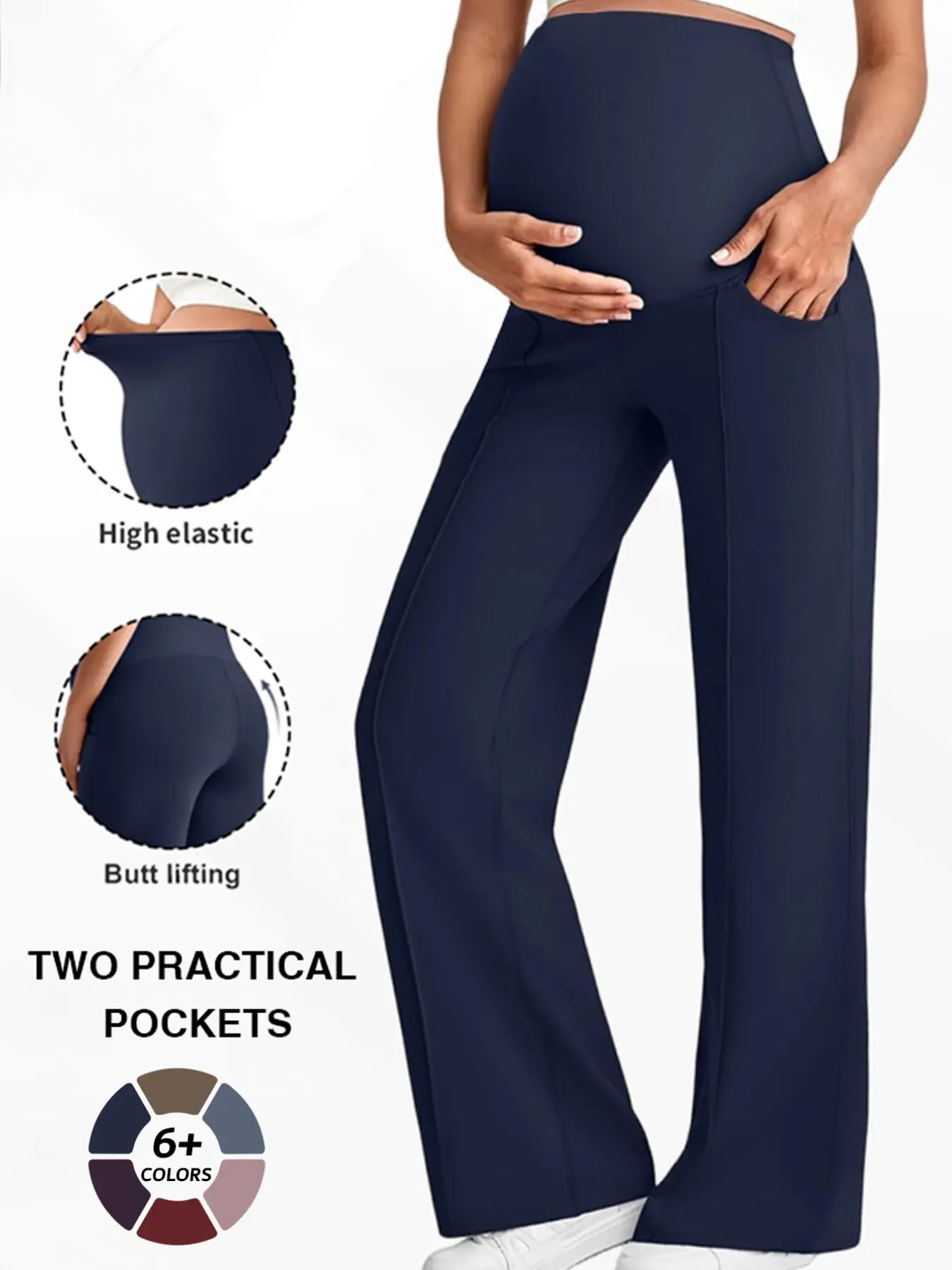Women's High-Waist Pregnant Leggings with Pockets, Comfortable Stretchy Maternity Pants, Maternity Summer Clothes, Breathable Wide-Leg Design for All Seasons, Maternity Clothing