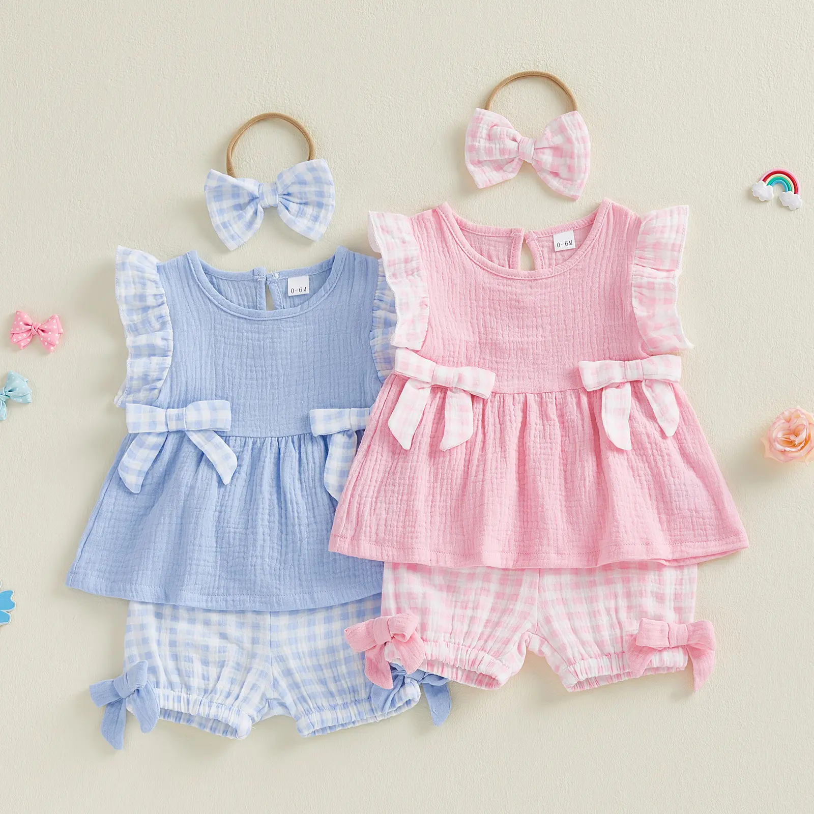Canrulo Newborn Baby Girls Muslin Ruffle Fly Sleeve Bow Decor Top Gingham Shorts with Bow Headband 3Pcs Summer Outfit 0-24M