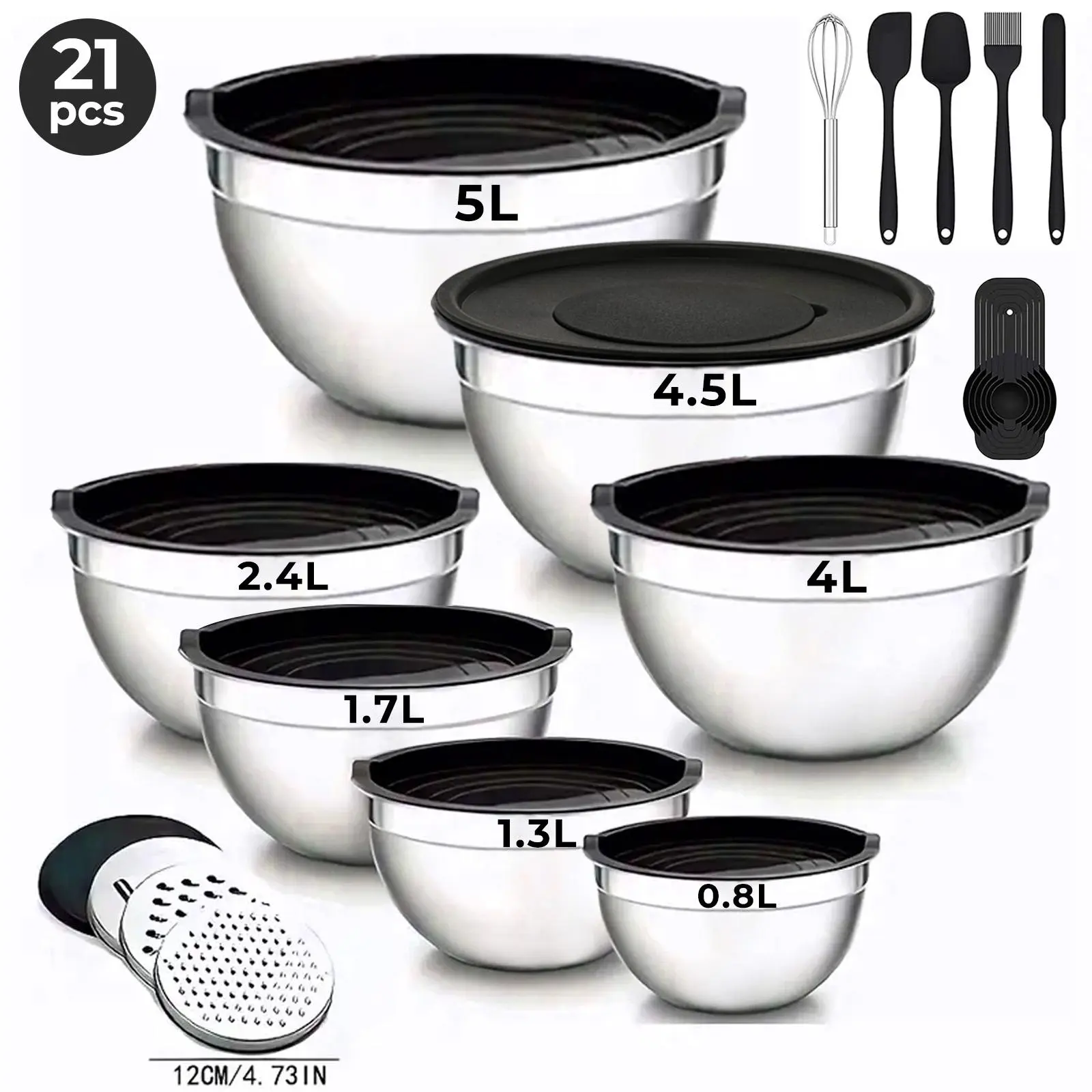 21-Piece Tableware Mixing Bowls Set with Airtight Lids - 7 304 Stainless Matte Brushed Kitchen Supplies, 3 Grater Attachments, Food-Safe Bowls, Durable Use, Multifunctional for Baking & Serving