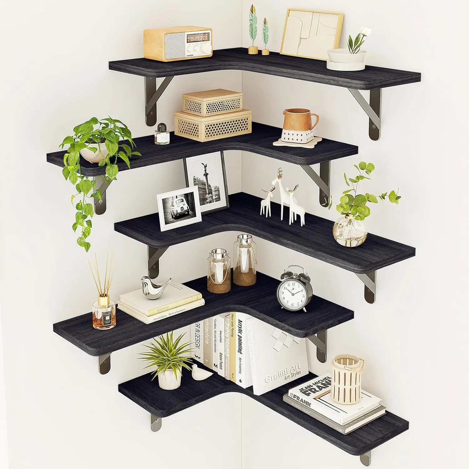 5-Piece Metal-Wood Hanging Corner Shelves, Wall-Mounted Floating Shelves with Easy Installation for Bathroom, Kitchen, Home Decor (Black)