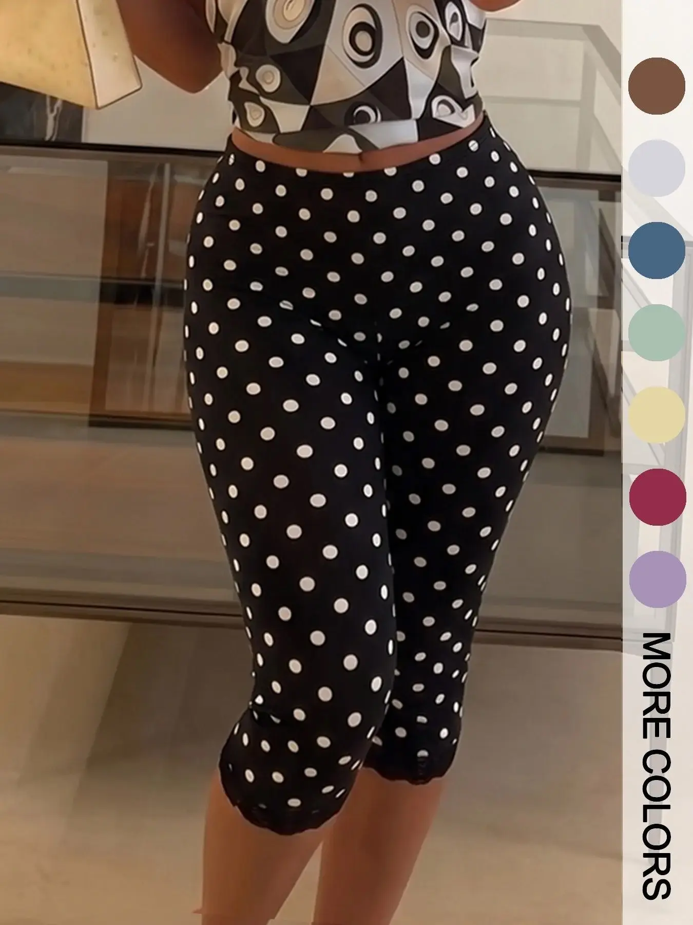 Women's French Polka Dot Print Capri Pants, High Waist Lace Leg Slimming Butt-Lifting Casual Everyday Pants, All Seasons Wear