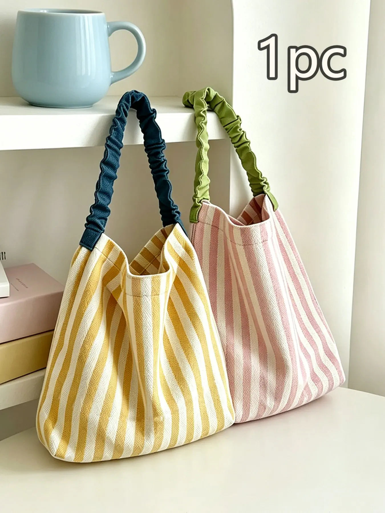 Macaron Striped Canvas Tote Bag, Lightweight Casual Shoulder Bag, Perfect for Vacation, Daily Use, Commute, School, Travel, Casual Everyday Bag