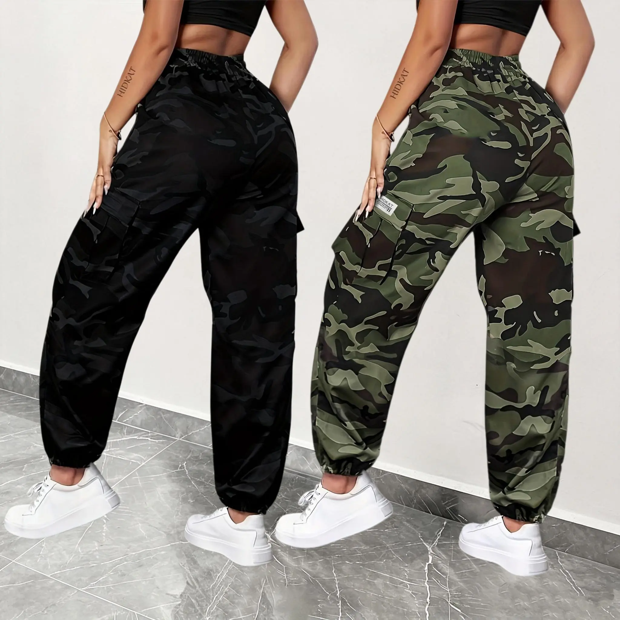 Women’s 2-piece camouflage workwear set: jogging pants and high-waisted elastic drawstring camouflage pants; lightweight street-style workwear pants with pockets.