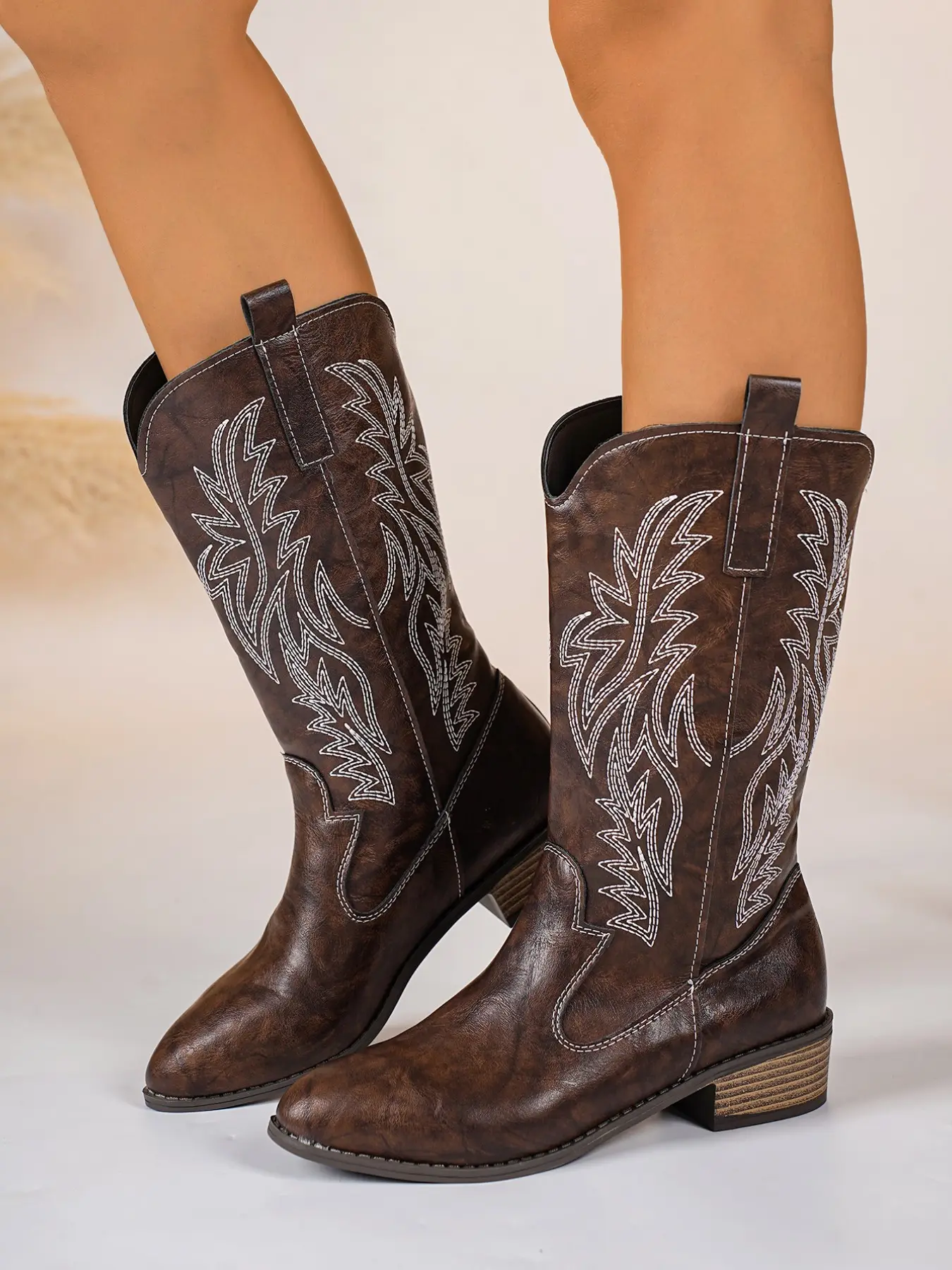 Vintage Western Style Embroidered Mid-Calf Cowboy Boots, V-Shape Toe Design, Low Heel Anti-Slip Sole, Women's Outerwear Shoes, Rodeo Western Boots