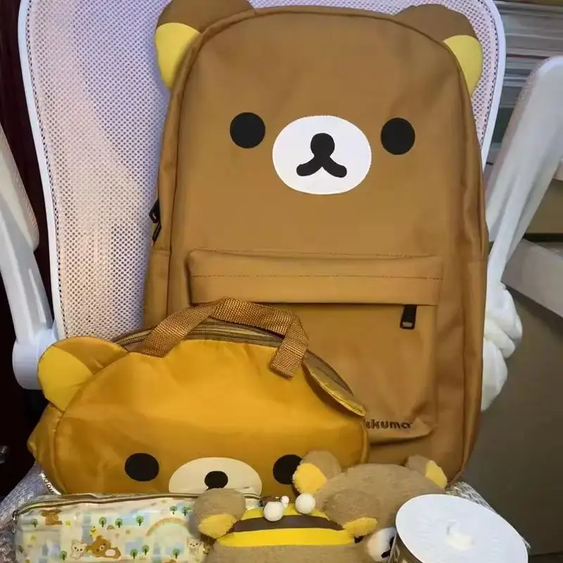 Kawaii Cartoon Rilakkumas Backpack Korilakkuma Embroidery Waterproof Nylon Backbag Large Capacity Girls Boys Student School Bag