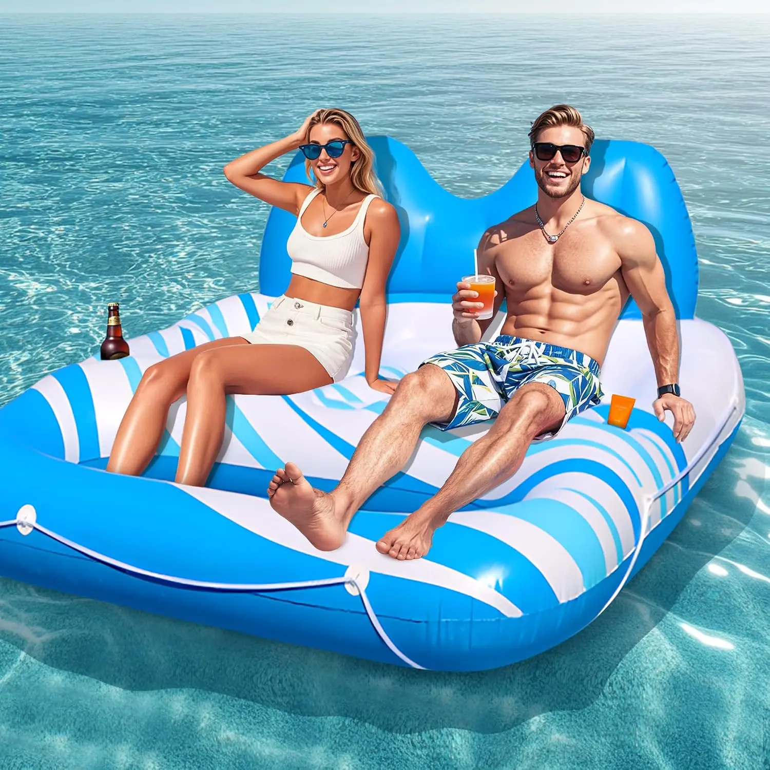 Extra Large Inflatable Pool Float for Adults with Backrest, Footrest & Cup Holders - Heavy Duty Tanning Lounger for Pool, Lake, River, Ideal for Sunbathing and Relaxation
