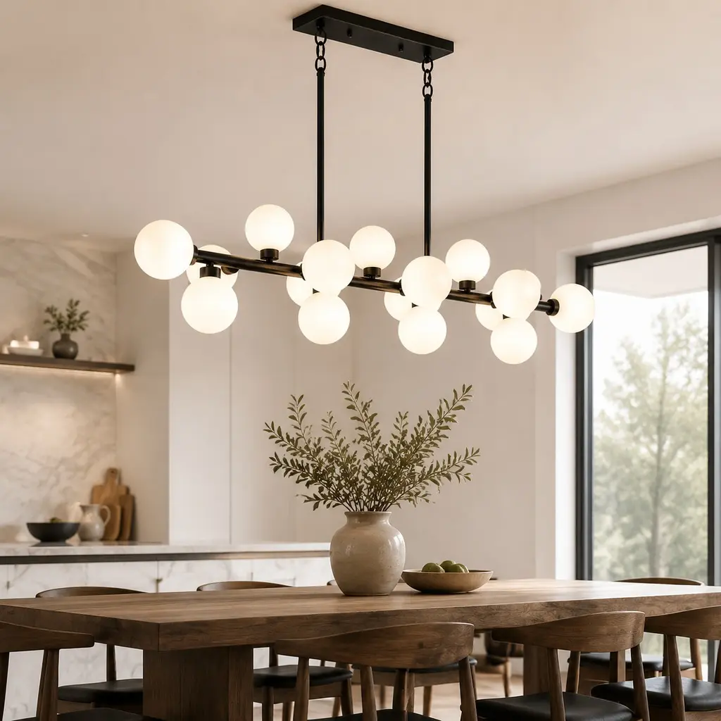 Matte Black 16-Light Modern Farmhouse Rectangular Chandelier - Opal Glass Shades, 55.12in D x 12.13in W, Ambient Lighting for Dining Room Kitchen Island, No Bulbs Included