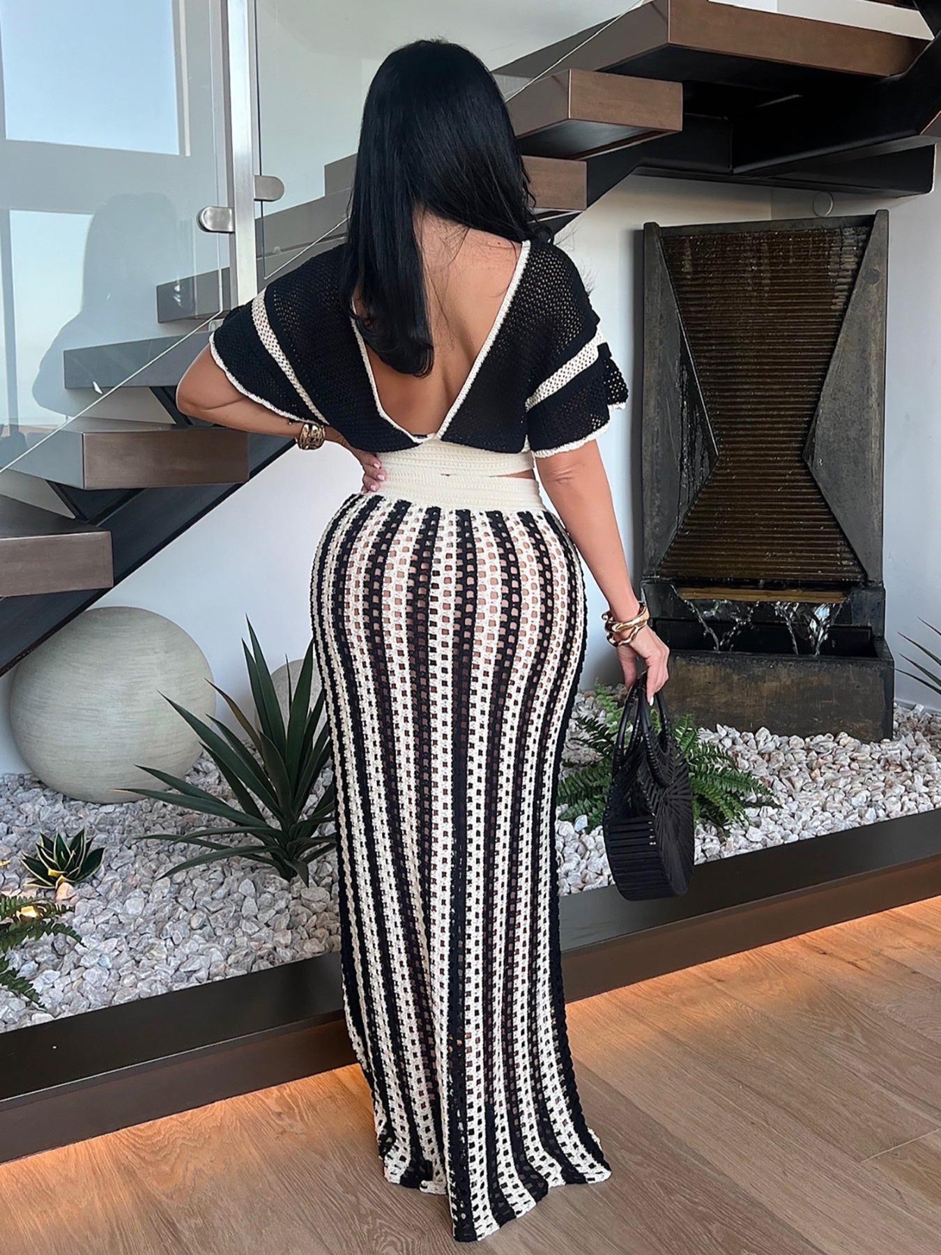 Two-piece Set Women's Colorblock Top & Striped Pattern Hollow Out Long Skirt, Casual Fashion Knitwear Set for Summer, Women's Clothing for Beach Vacation, Outfit Clothe Matching Skirt Set