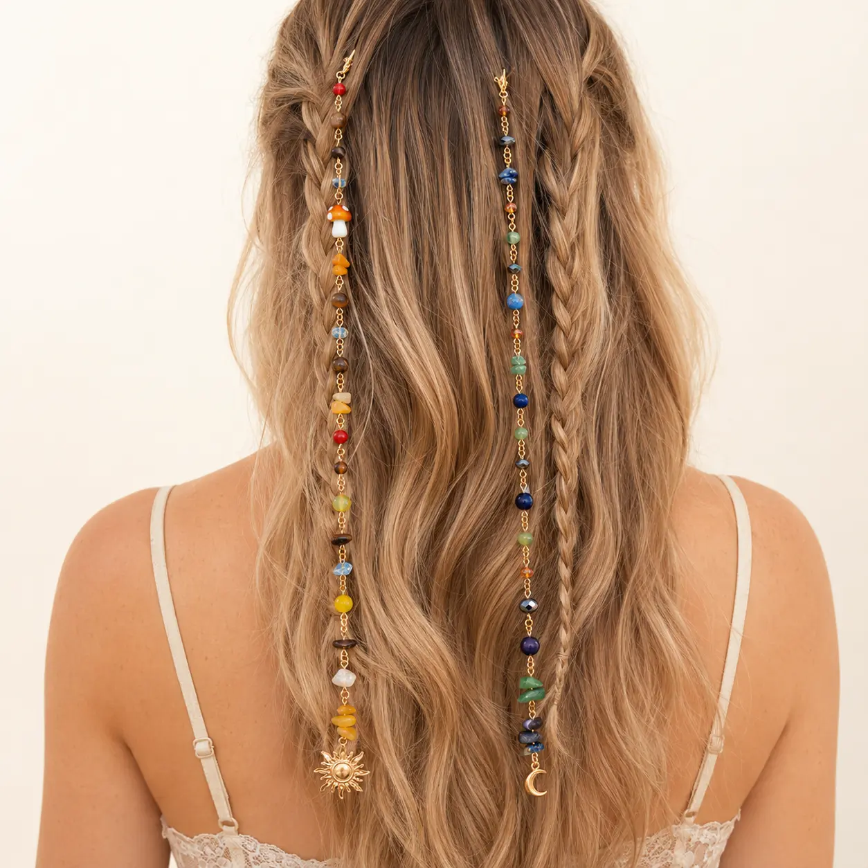 Boho Sun & Moon Hair Jewelry for Female, Asymmetrical Gold-Tone Chains with Colorful Decorative Beads for Daily & Beach Wear, Alloy, Two Piece Set, Asymmetric Braids
